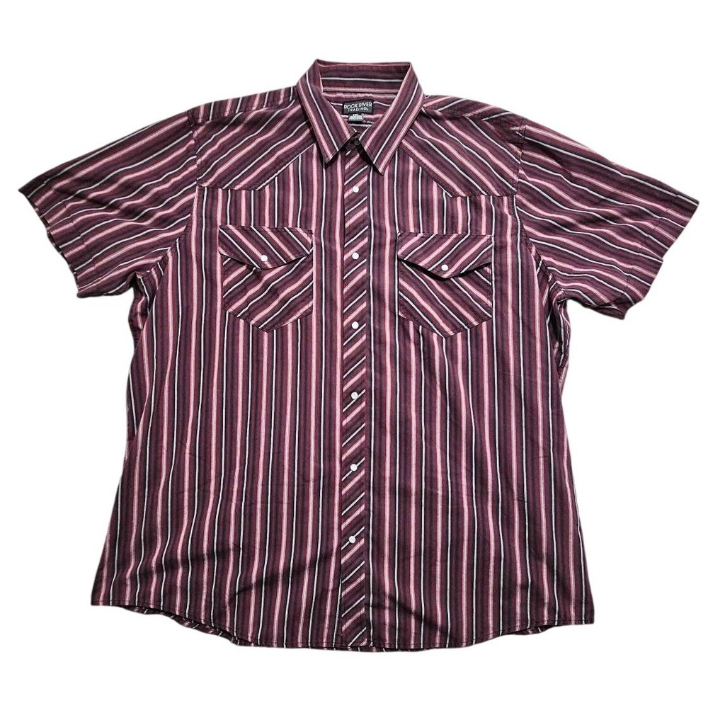 Rock River Trading Men XXL Western Snap Shirt Burgundy Striped Short Sleeve Wing